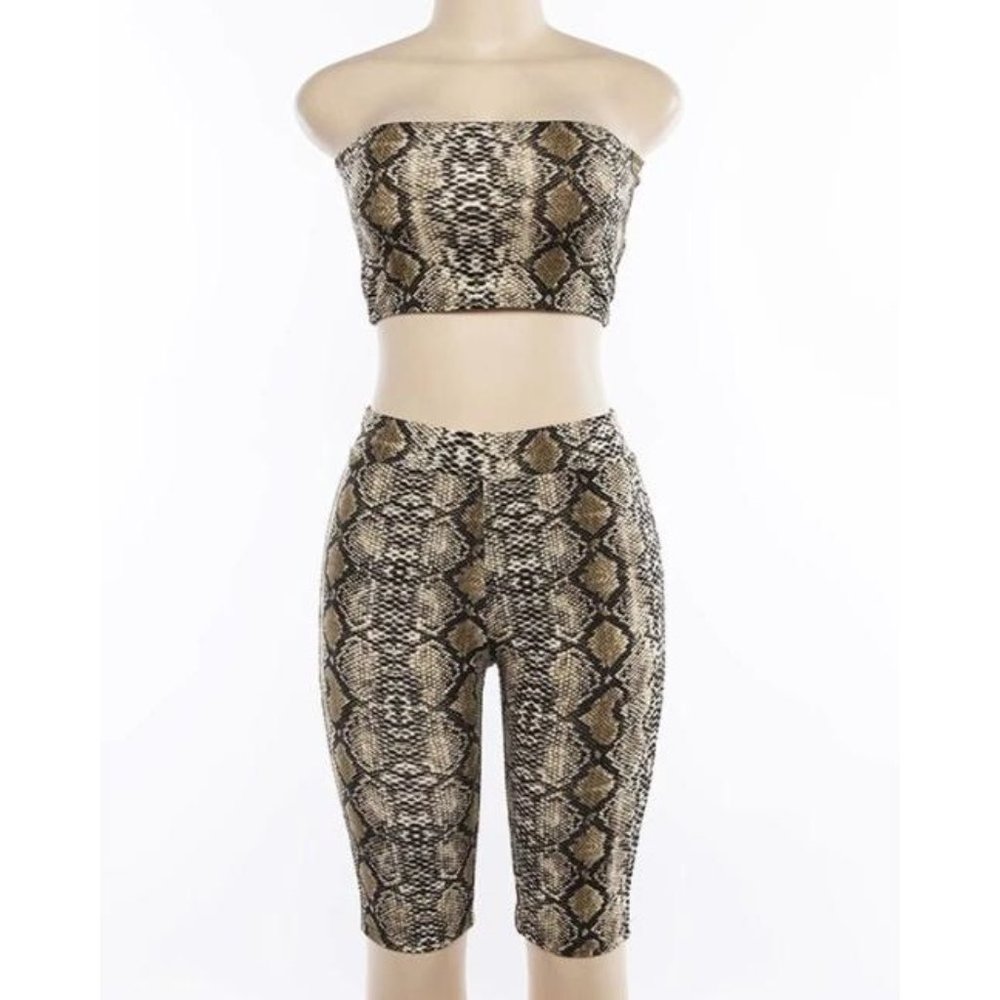Brown Python Snakeskin Print Matching Bandeau Top & Biker Shorts Set | Size S